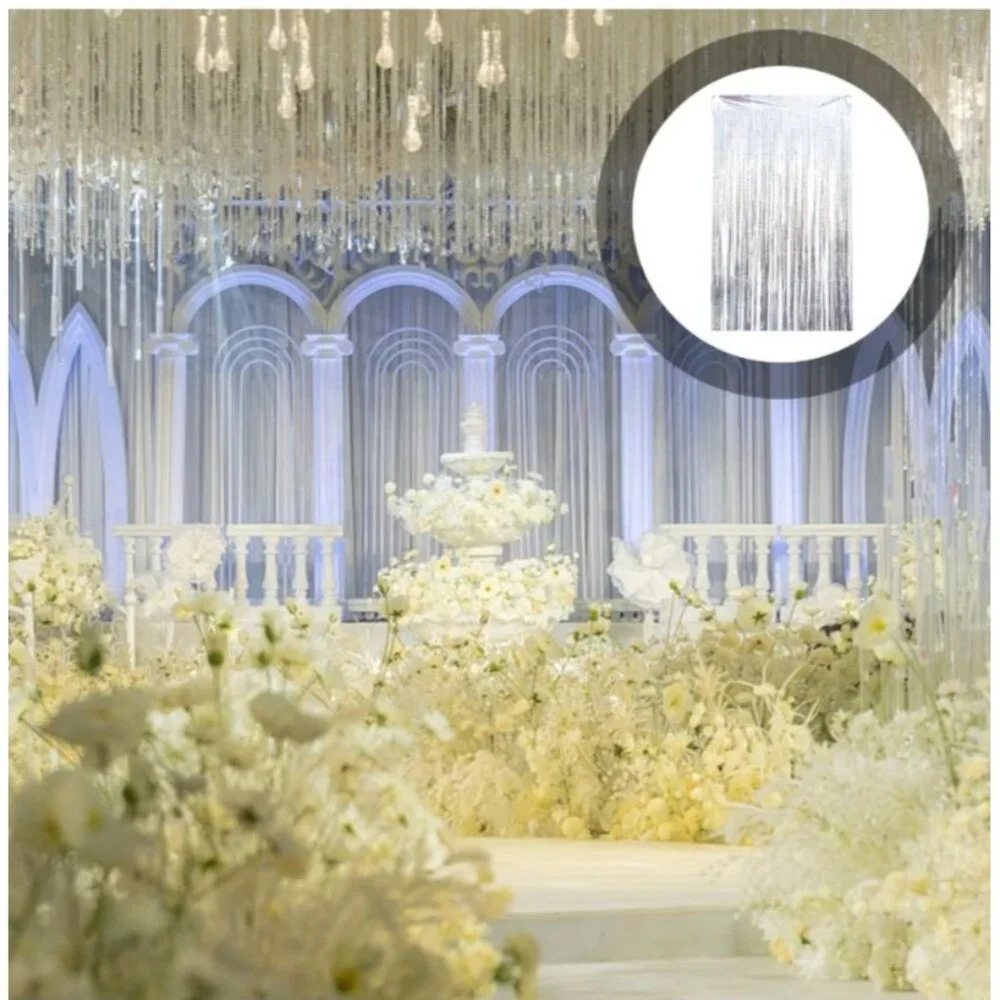 2 Packs Silver Multicolor Tinsel Foil Fringe Curtain Backdrop Engagement Bridal